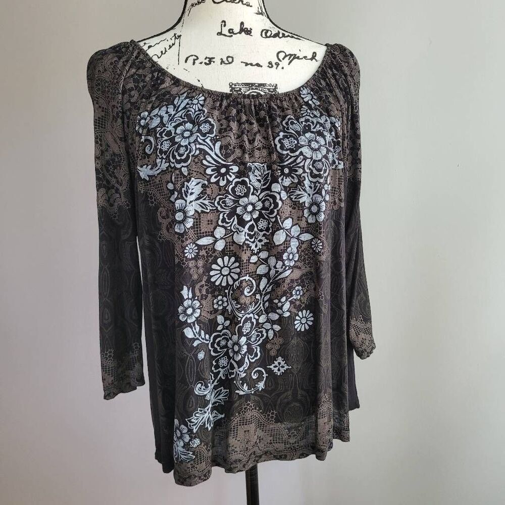 Vintage y2k graphic print blouse‎ 3/4 sleeve large grunge rocker